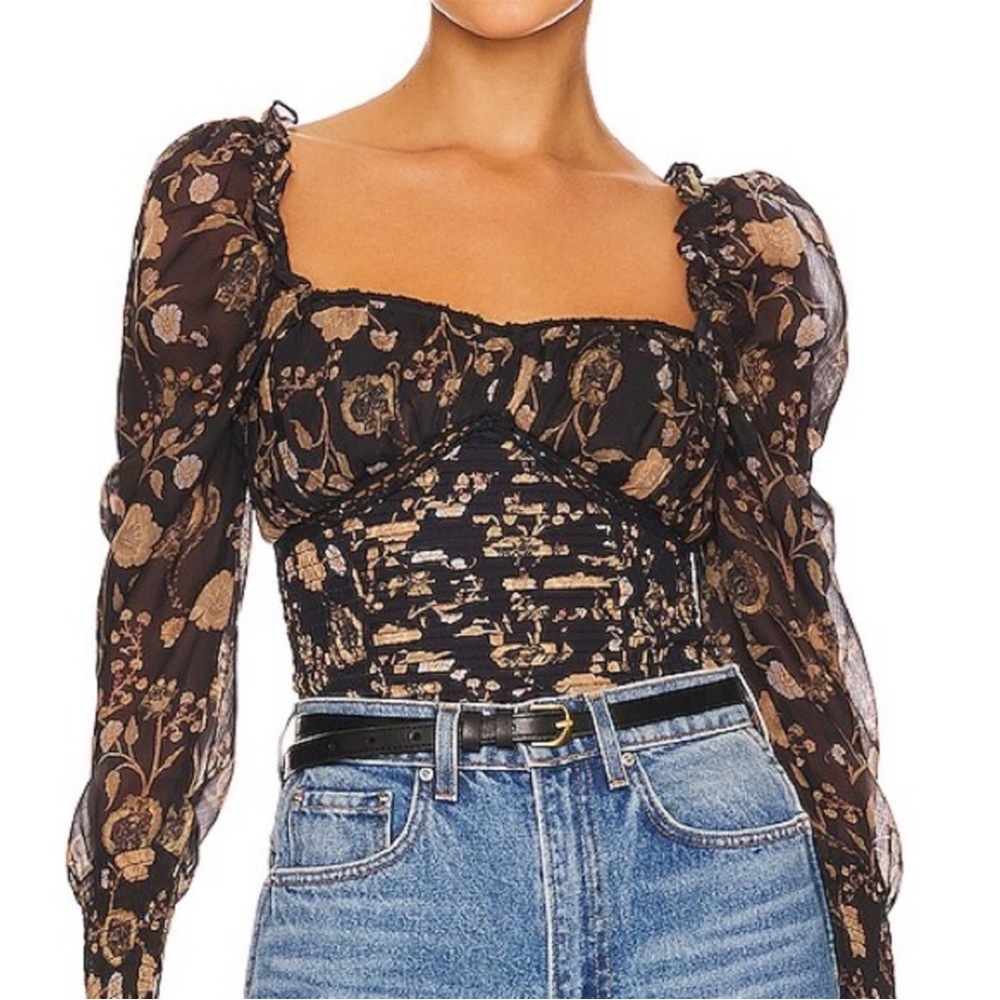 NWOT Free People Brunch Date Black and Gold Floral Bodysuit. XS